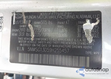 2009 Hyundai Santa Fe Gls z USA, uszkodzony, nr VIN 5NMSG13D59H255457